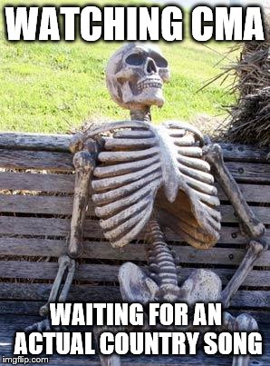 Waiting Skeleton Meme | WATCHING CMA; WAITING FOR AN ACTUAL COUNTRY SONG | image tagged in memes,waiting skeleton | made w/ Imgflip meme maker