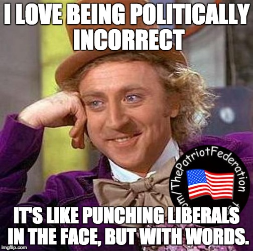 Creepy Condescending Wonka | I LOVE BEING POLITICALLY INCORRECT; IT'S LIKE PUNCHING LIBERALS IN THE FACE, BUT WITH WORDS. | image tagged in memes,creepy condescending wonka | made w/ Imgflip meme maker