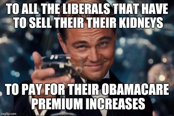 Leonardo Dicaprio Cheers Meme | TO ALL THE LIBERALS THAT HAVE TO SELL THEIR THEIR KIDNEYS; TO PAY FOR THEIR OBAMACARE PREMIUM INCREASES | image tagged in memes,leonardo dicaprio cheers | made w/ Imgflip meme maker