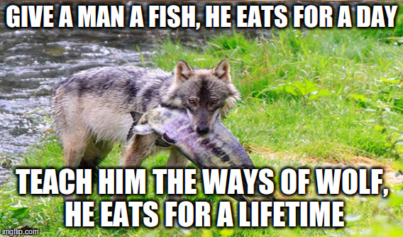 Wolf and Man |  GIVE A MAN A FISH, HE EATS FOR A DAY; TEACH HIM THE WAYS OF WOLF, HE EATS FOR A LIFETIME | image tagged in heathens,wolf wisdom | made w/ Imgflip meme maker