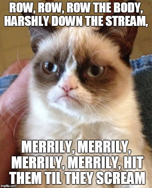 Grumpy Cat Meme | ROW, ROW, ROW THE BODY, HARSHLY DOWN THE STREAM, MERRILY, MERRILY, MERRILY, MERRILY, HIT THEM TIL THEY SCREAM | image tagged in memes,grumpy cat | made w/ Imgflip meme maker