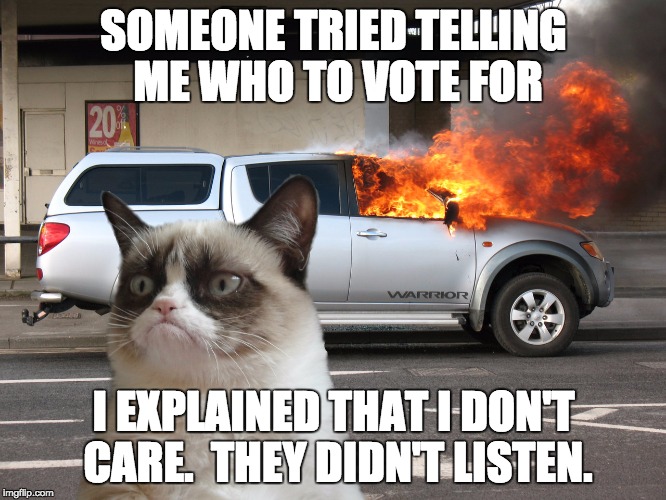 Grumpy Cat Car on Fire | SOMEONE TRIED TELLING ME WHO TO VOTE FOR; I EXPLAINED THAT I DON'T CARE.  THEY DIDN'T LISTEN. | image tagged in grumpy cat car on fire | made w/ Imgflip meme maker