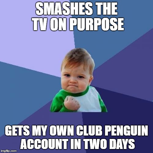 Success Kid | SMASHES THE TV ON PURPOSE; GETS MY OWN CLUB PENGUIN ACCOUNT IN TWO DAYS | image tagged in memes,success kid | made w/ Imgflip meme maker