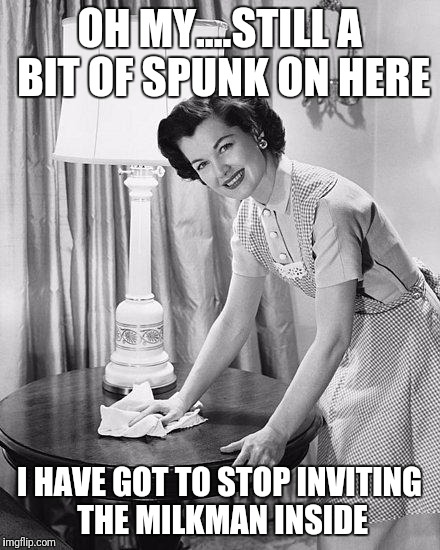 A good housewife keeps the home clean | OH MY....STILL A BIT OF SPUNK ON HERE; I HAVE GOT TO STOP INVITING THE MILKMAN INSIDE | image tagged in advice mom,1950s | made w/ Imgflip meme maker