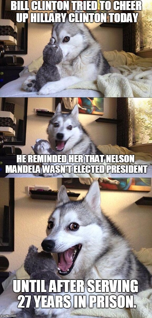 Cheer up Hillary! | BILL CLINTON TRIED TO CHEER UP HILLARY CLINTON TODAY; HE REMINDED HER THAT NELSON MANDELA WASN'T ELECTED PRESIDENT; UNTIL AFTER SERVING 27 YEARS IN PRISON. | image tagged in memes,bad pun dog,hillary,crooked hillary,hillary clinton,bill clinton | made w/ Imgflip meme maker