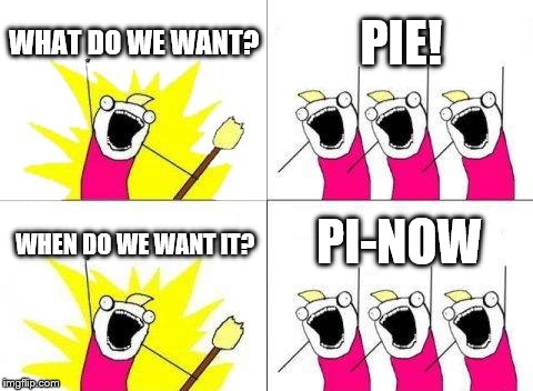 What Do We Want | WHAT DO WE WANT? PIE! PI-NOW; WHEN DO WE WANT IT? | image tagged in memes,what do we want | made w/ Imgflip meme maker