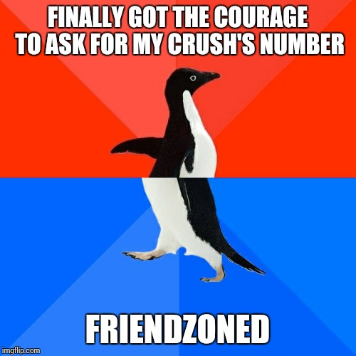 I'm real life Bad Luck Brian | FINALLY GOT THE COURAGE TO ASK FOR MY CRUSH'S NUMBER; FRIENDZONED | image tagged in memes,socially awesome awkward penguin | made w/ Imgflip meme maker