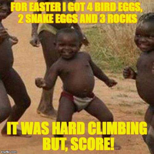 Third World Success Kid | FOR EASTER I GOT 4 BIRD EGGS, 2 SNAKE EGGS AND 3 ROCKS; IT WAS HARD CLIMBING BUT, SCORE! | image tagged in memes,third world success kid | made w/ Imgflip meme maker