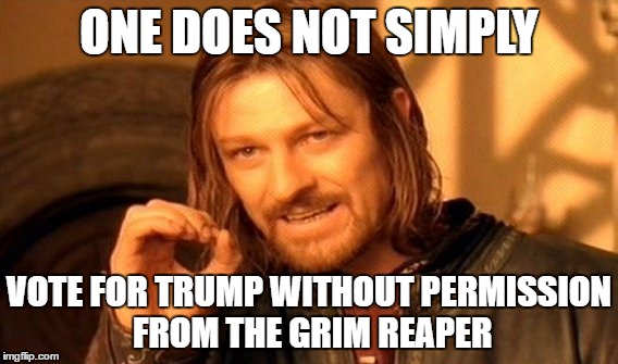 One Does Not Simply Meme | ONE DOES NOT SIMPLY; VOTE FOR TRUMP WITHOUT PERMISSION FROM THE GRIM REAPER | image tagged in memes,one does not simply | made w/ Imgflip meme maker