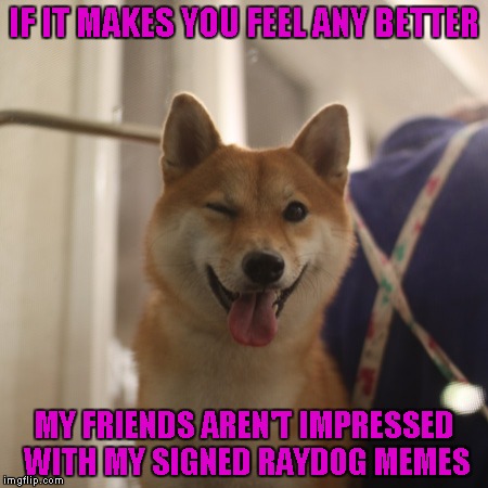 IF IT MAKES YOU FEEL ANY BETTER MY FRIENDS AREN'T IMPRESSED WITH MY SIGNED RAYDOG MEMES | made w/ Imgflip meme maker