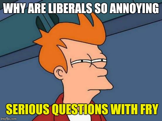 Futurama Fry | WHY ARE LIBERALS SO ANNOYING; SERIOUS QUESTIONS WITH FRY | image tagged in memes,futurama fry | made w/ Imgflip meme maker