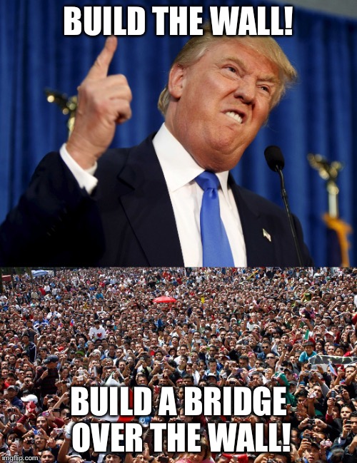 Trump protesters | BUILD THE WALL! BUILD A BRIDGE OVER THE WALL! | image tagged in donald trump,trump wall | made w/ Imgflip meme maker