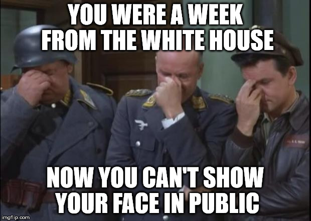 Hogan's Heroes facepalm | YOU WERE A WEEK FROM THE WHITE HOUSE; NOW YOU CAN'T SHOW YOUR FACE IN PUBLIC | image tagged in hogan's heroes facepalm | made w/ Imgflip meme maker