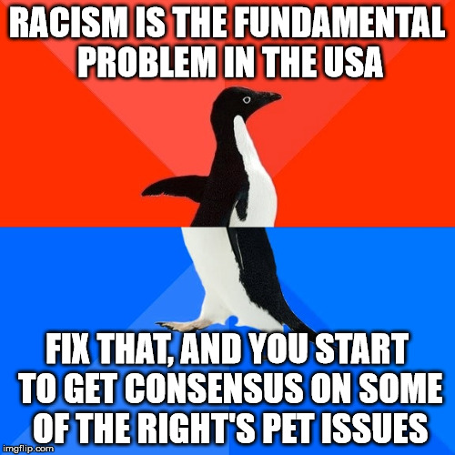 Socially Awesome Awkward Penguin Meme | RACISM IS THE FUNDAMENTAL PROBLEM IN THE USA FIX THAT, AND YOU START TO GET CONSENSUS ON SOME OF THE RIGHT'S PET ISSUES | image tagged in memes,socially awesome awkward penguin | made w/ Imgflip meme maker