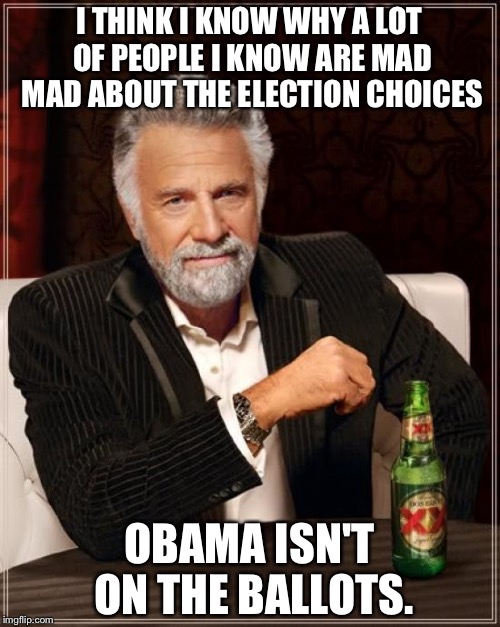 I don't know why I haven't gotten a M1A2 Abrams battle tank yet, I only have a few days. | I THINK I KNOW WHY A LOT OF PEOPLE I KNOW ARE MAD MAD ABOUT THE ELECTION CHOICES; OBAMA ISN'T ON THE BALLOTS. | image tagged in memes,the most interesting man in the world | made w/ Imgflip meme maker