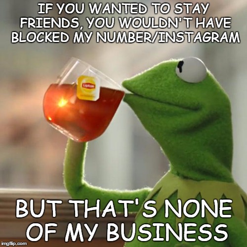 But That's None Of My Business | IF YOU WANTED TO STAY FRIENDS, YOU WOULDN'T HAVE BLOCKED MY NUMBER/INSTAGRAM; BUT THAT'S NONE OF MY BUSINESS | image tagged in memes,but thats none of my business,kermit the frog | made w/ Imgflip meme maker
