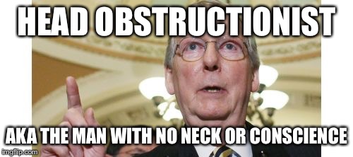 Mitch McConnell | HEAD OBSTRUCTIONIST; AKA THE MAN WITH NO NECK OR CONSCIENCE | image tagged in memes,mitch mcconnell | made w/ Imgflip meme maker
