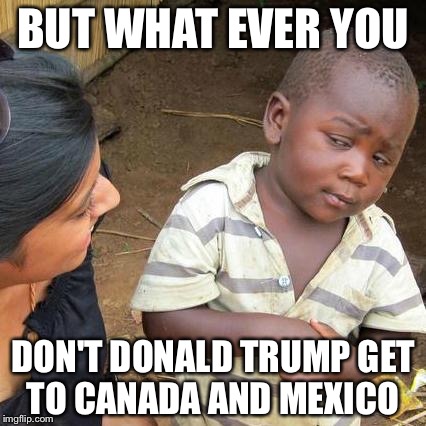 Third World Skeptical Kid Meme | BUT WHAT EVER YOU DON'T DONALD TRUMP GET TO CANADA AND MEXICO | image tagged in memes,third world skeptical kid | made w/ Imgflip meme maker