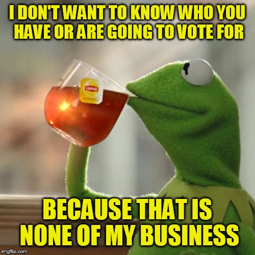 But That's None Of My Business | I DON'T WANT TO KNOW WHO YOU HAVE OR ARE GOING TO VOTE FOR; BECAUSE THAT IS NONE OF MY BUSINESS | image tagged in memes,but thats none of my business,kermit the frog | made w/ Imgflip meme maker