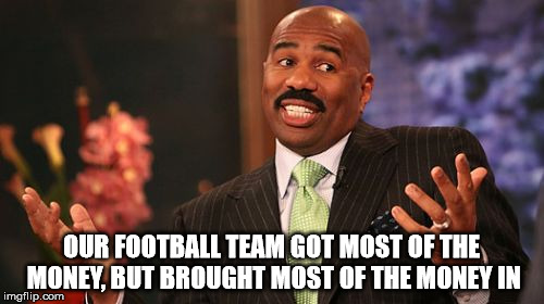 OUR FOOTBALL TEAM GOT MOST OF THE MONEY, BUT BROUGHT MOST OF THE MONEY IN | image tagged in memes,steve harvey | made w/ Imgflip meme maker