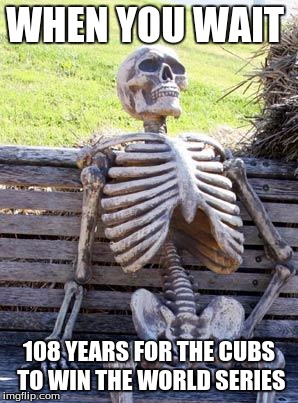 Waiting Skeleton | WHEN YOU WAIT; 108 YEARS FOR THE CUBS TO WIN THE WORLD SERIES | image tagged in memes,waiting skeleton | made w/ Imgflip meme maker