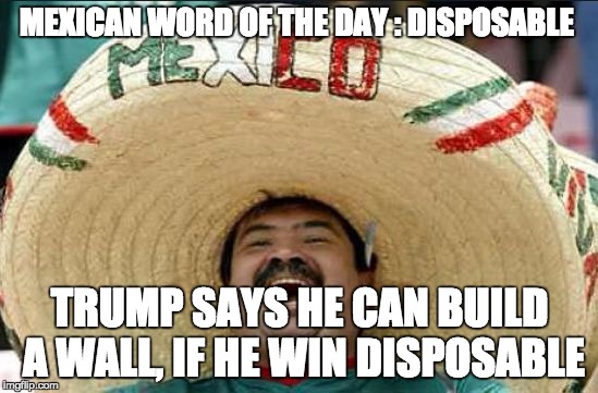 mexican word of the day | MEXICAN WORD OF THE DAY : DISPOSABLE; TRUMP SAYS HE CAN BUILD A WALL, IF HE WIN DISPOSABLE | image tagged in mexican word of the day | made w/ Imgflip meme maker