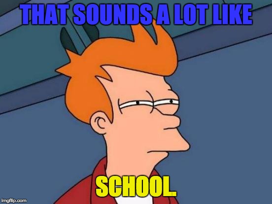 THAT SOUNDS A LOT LIKE SCHOOL. | image tagged in memes,futurama fry | made w/ Imgflip meme maker