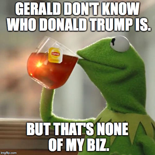But That's None Of My Business | GERALD DON'T KNOW WHO DONALD TRUMP IS. BUT THAT'S NONE OF MY BIZ. | image tagged in memes,but thats none of my business,kermit the frog | made w/ Imgflip meme maker