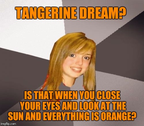 Synth-rus | TANGERINE DREAM? IS THAT WHEN YOU CLOSE YOUR EYES AND LOOK AT THE SUN AND EVERYTHING IS ORANGE? | image tagged in memes,musically oblivious 8th grader | made w/ Imgflip meme maker