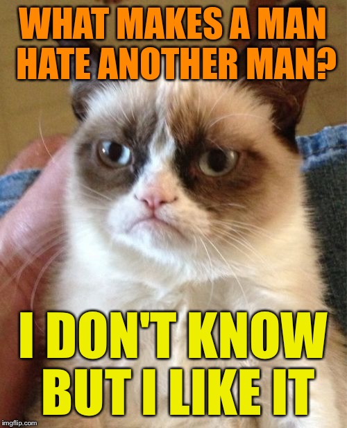 Grumpy Cat Meme | WHAT MAKES A MAN HATE ANOTHER MAN? I DON'T KNOW BUT I LIKE IT | image tagged in memes,grumpy cat | made w/ Imgflip meme maker