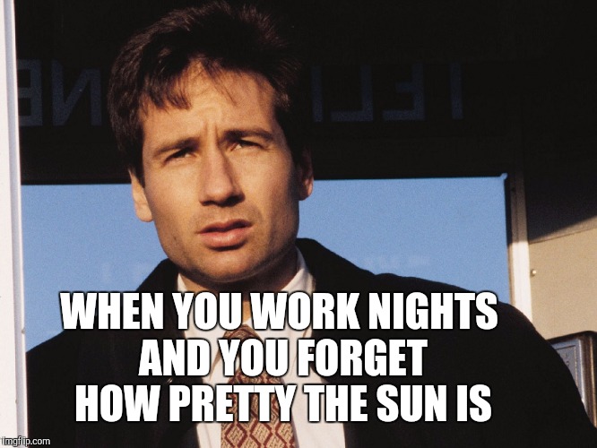 X Files | WHEN YOU WORK NIGHTS AND YOU FORGET HOW PRETTY THE SUN IS | image tagged in x files,mulder,david duchovney,fox mulder the x files | made w/ Imgflip meme maker