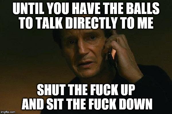 Liam neeson phone call | UNTIL YOU HAVE THE BALLS TO TALK DIRECTLY TO ME; SHUT THE FUCK UP AND SIT THE FUCK DOWN | image tagged in liam neeson phone call | made w/ Imgflip meme maker