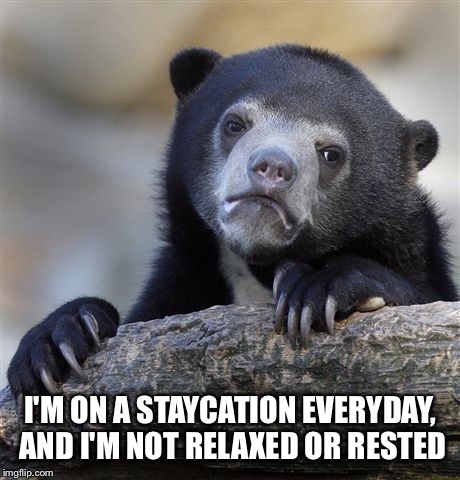 Confession Bear Meme | I'M ON A STAYCATION EVERYDAY, AND I'M NOT RELAXED OR RESTED | image tagged in memes,confession bear | made w/ Imgflip meme maker
