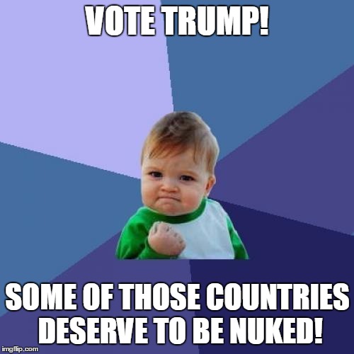 Success Kid Meme | VOTE TRUMP! SOME OF THOSE COUNTRIES DESERVE TO BE NUKED! | image tagged in memes,success kid | made w/ Imgflip meme maker