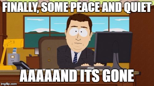FINALLY, SOME PEACE AND QUIET AAAAAND ITS GONE | image tagged in memes,aaaaand its gone | made w/ Imgflip meme maker