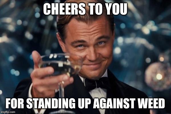 Leonardo Dicaprio Cheers Meme | CHEERS TO YOU FOR STANDING UP AGAINST WEED | image tagged in memes,leonardo dicaprio cheers | made w/ Imgflip meme maker