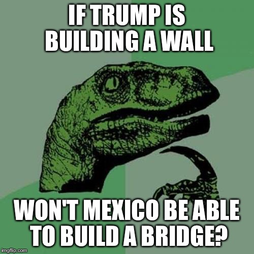Philosoraptor Meme | IF TRUMP IS BUILDING A WALL; WON'T MEXICO BE ABLE TO BUILD A BRIDGE? | image tagged in memes,philosoraptor | made w/ Imgflip meme maker