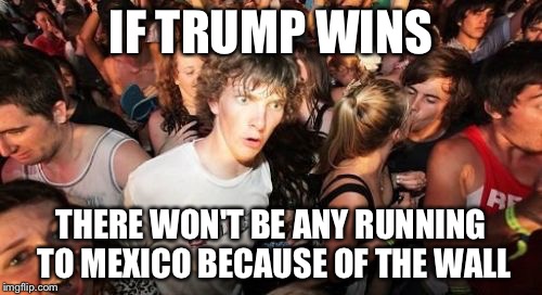 Sudden Clarity Clarence Meme | IF TRUMP WINS; THERE WON'T BE ANY RUNNING TO MEXICO BECAUSE OF THE WALL | image tagged in memes,sudden clarity clarence | made w/ Imgflip meme maker