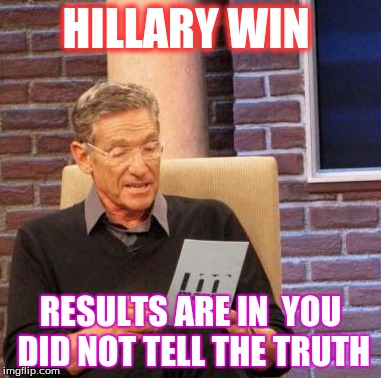 Maury Lie Detector | HILLARY WIN; RESULTS ARE IN 
YOU DID NOT TELL THE TRUTH | image tagged in memes,maury lie detector | made w/ Imgflip meme maker