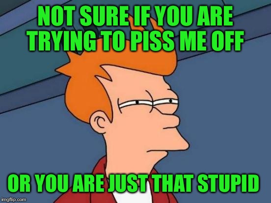 My thought pattern for the day! So glad I have ImgFlip to de-stress  | NOT SURE IF YOU ARE TRYING TO PISS ME OFF; OR YOU ARE JUST THAT STUPID | image tagged in memes,futurama fry | made w/ Imgflip meme maker