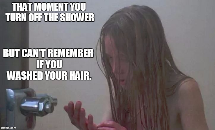 THAT MOMENT YOU TURN OFF THE SHOWER; BUT CAN'T REMEMBER IF YOU WASHED YOUR HAIR. | image tagged in did_i_wash_my_hair | made w/ Imgflip meme maker