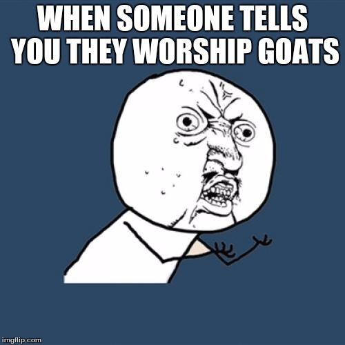 Y U No | WHEN SOMEONE TELLS YOU THEY WORSHIP GOATS | image tagged in memes,y u no | made w/ Imgflip meme maker
