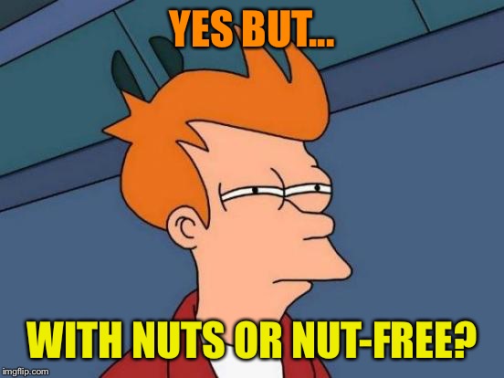 Futurama Fry Meme | YES BUT... WITH NUTS OR NUT-FREE? | image tagged in memes,futurama fry | made w/ Imgflip meme maker