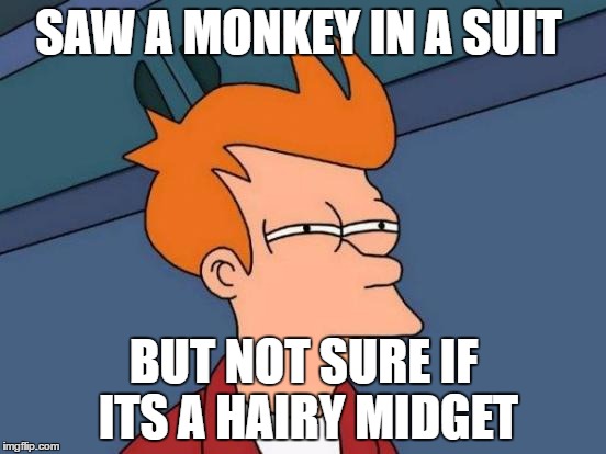Futurama Fry Meme | SAW A MONKEY IN A SUIT; BUT NOT SURE IF ITS A HAIRY MIDGET | image tagged in memes,futurama fry | made w/ Imgflip meme maker
