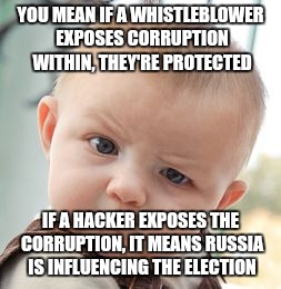 Skeptical Baby | YOU MEAN IF A WHISTLEBLOWER EXPOSES CORRUPTION WITHIN, THEY'RE PROTECTED; IF A HACKER EXPOSES THE CORRUPTION, IT MEANS RUSSIA IS INFLUENCING THE ELECTION | image tagged in memes,skeptical baby | made w/ Imgflip meme maker