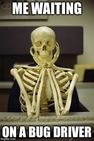 Waiting Skeleton | ME WAITING; ON A BUG DRIVER | image tagged in waiting skeleton | made w/ Imgflip meme maker