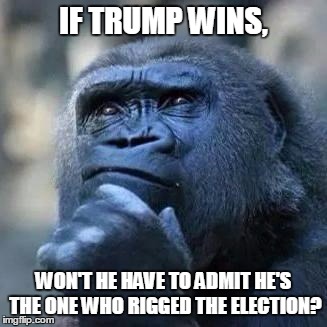 Thinking ape | IF TRUMP WINS, WON'T HE HAVE TO ADMIT HE'S THE ONE WHO RIGGED THE ELECTION? | image tagged in thinking ape | made w/ Imgflip meme maker