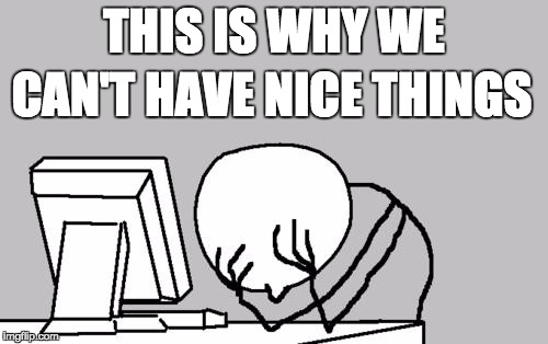 Computer Guy Facepalm Meme | THIS IS WHY WE; CAN'T HAVE NICE THINGS | image tagged in memes,computer guy facepalm | made w/ Imgflip meme maker