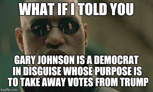 Gary Johnson isn't a Libertarian  | WHAT IF I TOLD YOU; GARY JOHNSON IS A DEMOCRAT IN DISGUISE WHOSE PURPOSE IS  TO TAKE AWAY VOTES FROM TRUMP | image tagged in memes,matrix morpheus | made w/ Imgflip meme maker