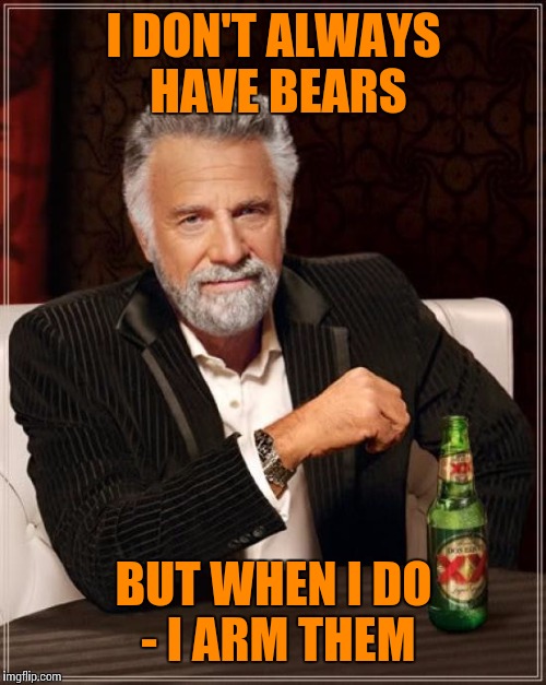 The Most Interesting Man In The World | I DON'T ALWAYS HAVE BEARS; BUT WHEN I DO - I ARM THEM | image tagged in memes,the most interesting man in the world | made w/ Imgflip meme maker
